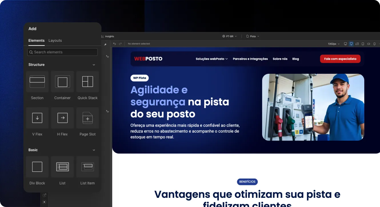 Imagem do WebFlow com o site do WebPosto