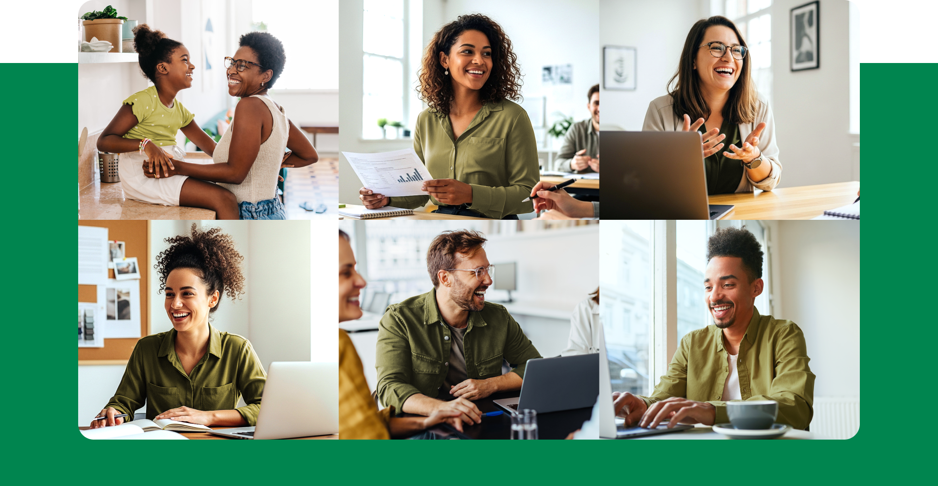 6 quadrados diferentes com pessoas sorridentes